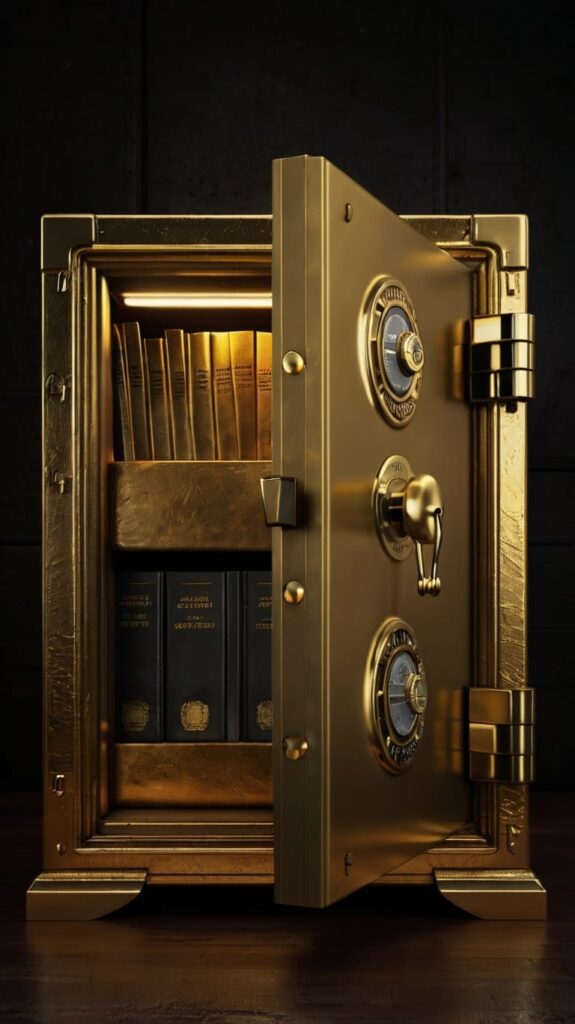 Cofre dourado aberto revelando livros valiosos, simbolizando que o conhecimento é a chave para enriquecer naturalmente.