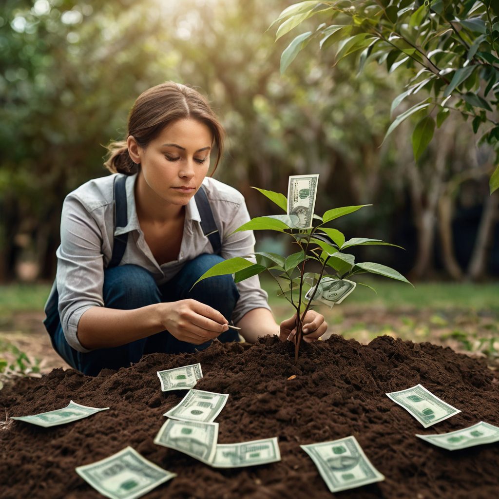 Pessoa comum plantando uma árvore de dinheiro com expressão serena e realista, simbolizando investimentos a longo prazo