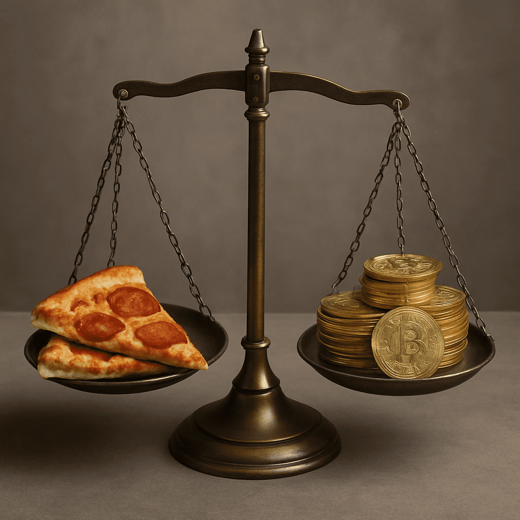 Balança de latão comparando duas fatias de pizza de 2010 com moedas de Bitcoin brilhando no prato oposto, simbolizando o valor histórico do Bitcoin Pizza Day