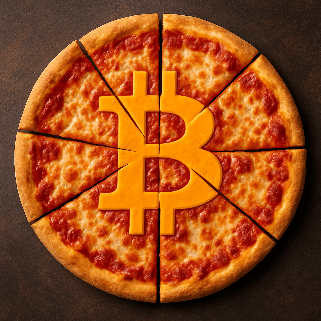 Representação visual do Bitcoin Pizza Day com uma pizza cortada em 8 fatias e símbolo do Bitcoin no centro — referência ao investimento mais curioso da história das criptomoedas.