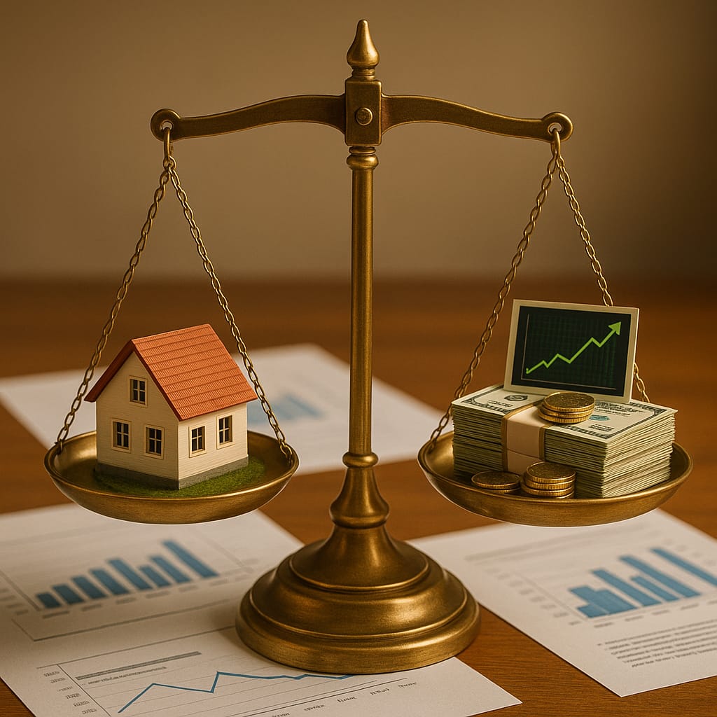 balança dourada com uma casa em miniatura em um prato e pilha de dinheiro no outro, simbolizando a escolha entre comprar imóvel ou investir