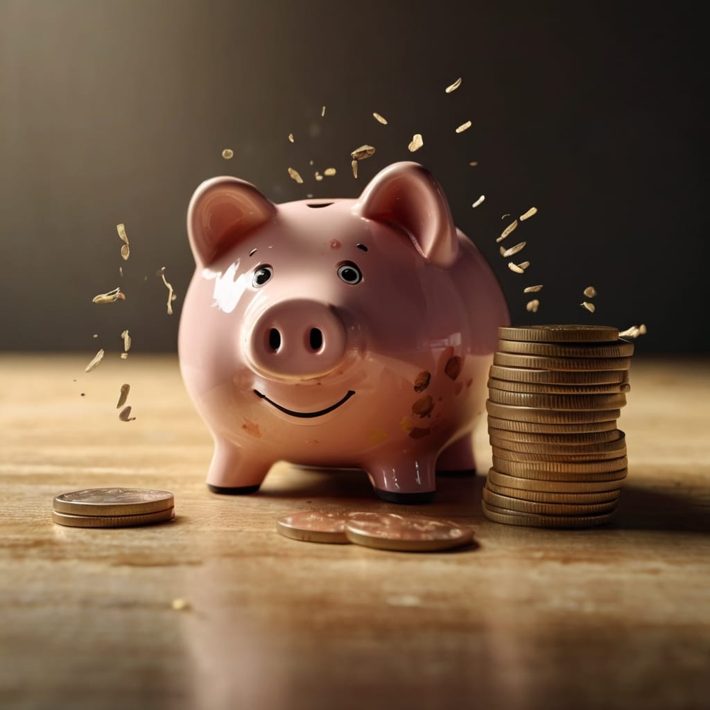 Cofrinho rachado com moedas caindo, simbolizando as perdas financeiras causadas pelas desvantagens da poupança