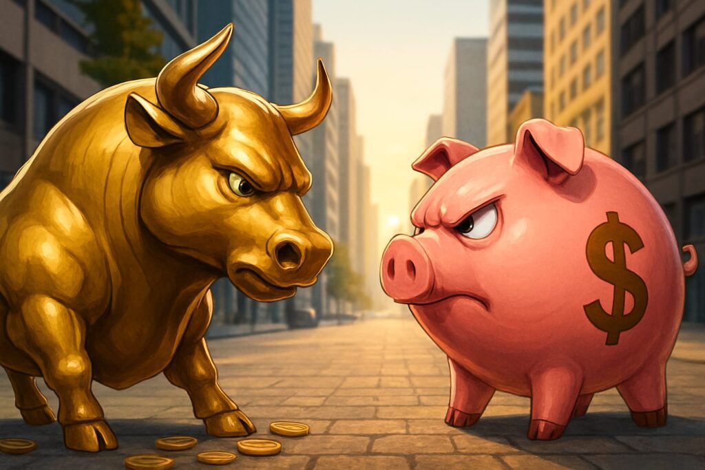 Ilustração de um touro dourado encarando um porquinho cofre com cifrão, simbolizando a mentalidade bilionária e o confronto entre investimento e economia.