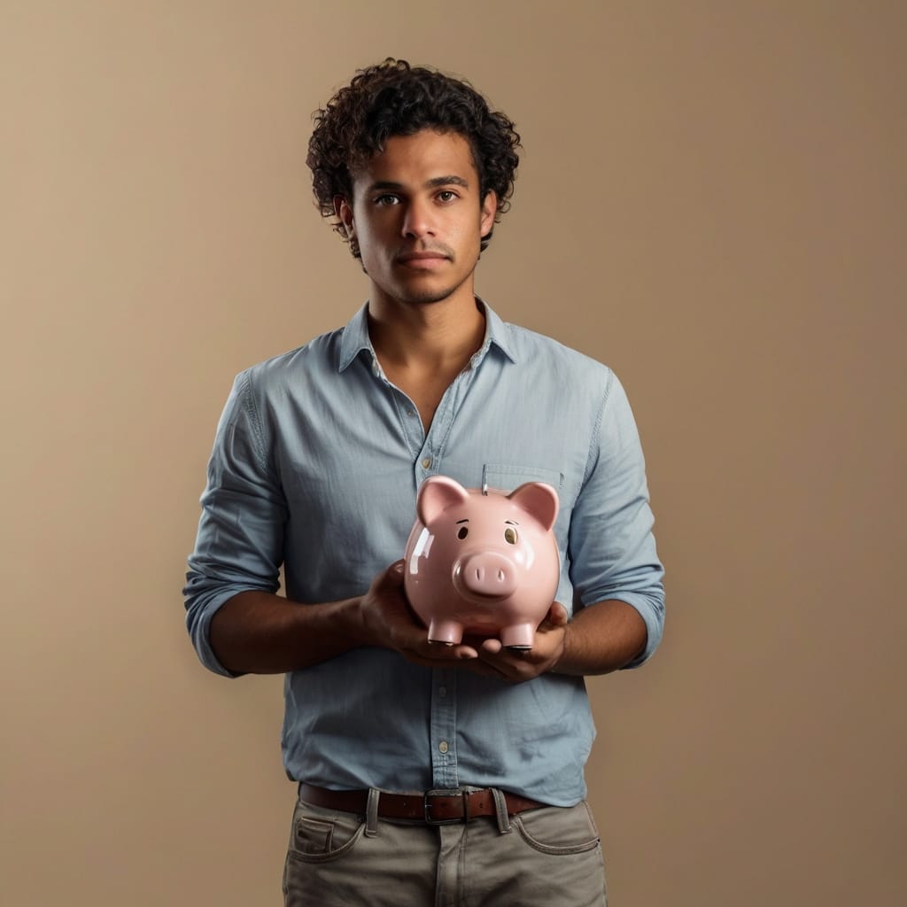 Jovem com porquinho cofre, símbolo de poupança e primeiros passos nos investimentos