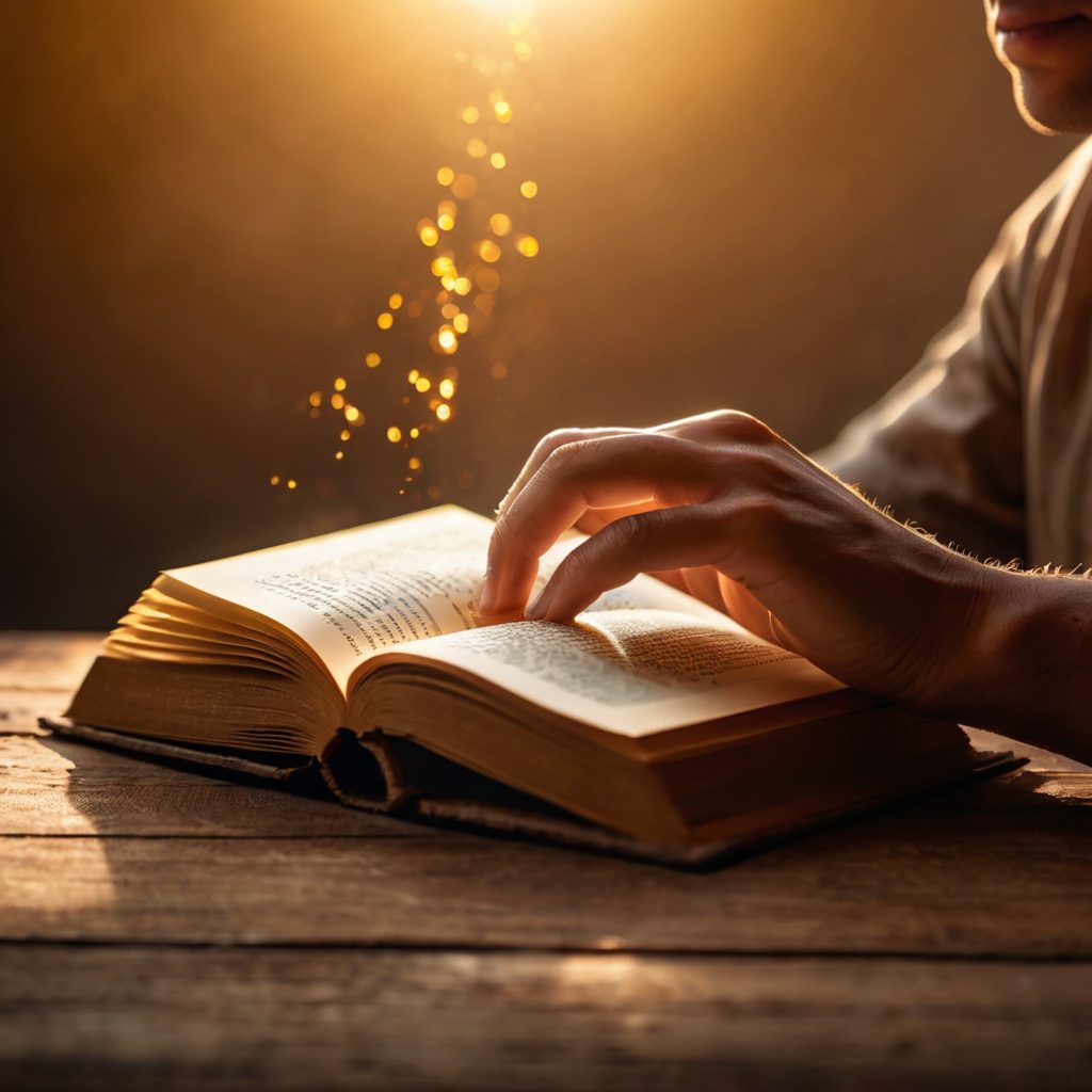 Imagem de mão segurando livro aberto com luz dourada — símbolo de livros transformadores que despertam a mente bilionária.