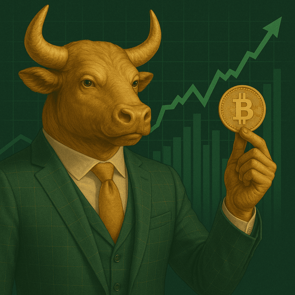 Touro mascote realista em traje elegante segurando uma moeda de Bitcoin, com gráfico de investimentos ao fundo – símbolo da ascensão do Bitcoin e das criptomoedas.