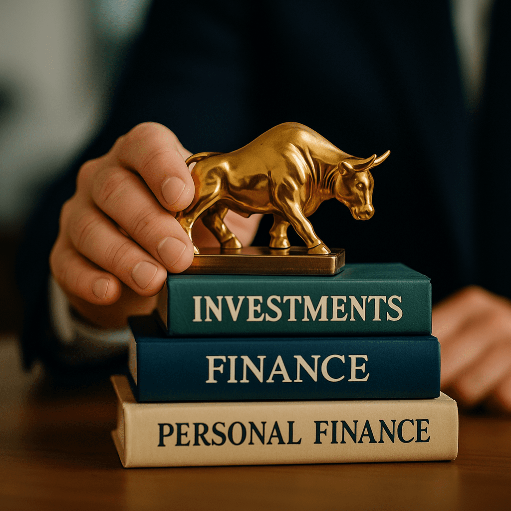 Mão segurando miniatura de touro dourado sobre livros de investimentos
