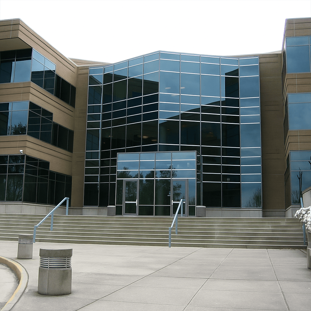 Sede da Microsoft em Redmond, Estados Unidos, com arquitetura moderna, vidros espelhados e paisagismo verde ao redor.