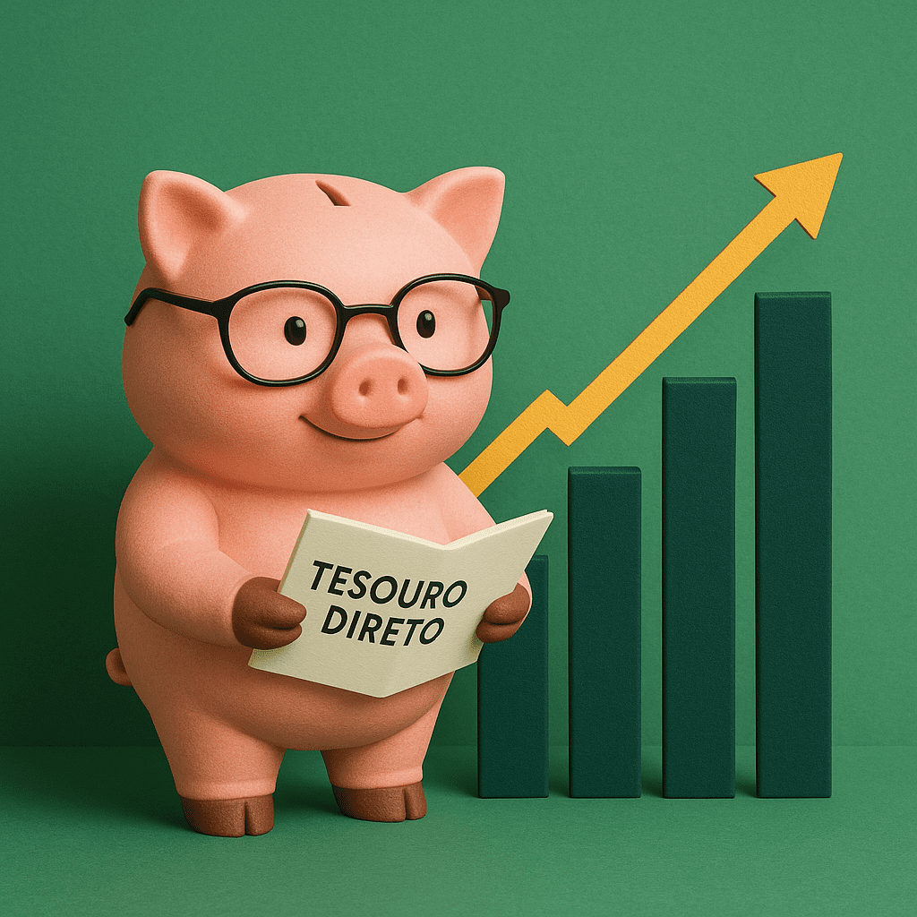 Porquinho rosa sorridente com gráfico financeiro subindo ao fundo, representando crescimento econômico