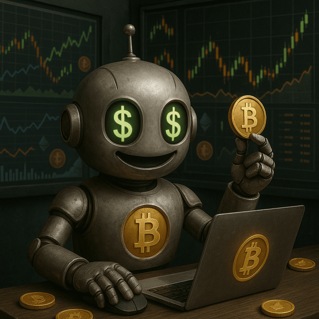 Robô representando inteligência artificial no mercado de Bitcoin e criptomoedas, com gráficos e moedas digitais em tempo real.