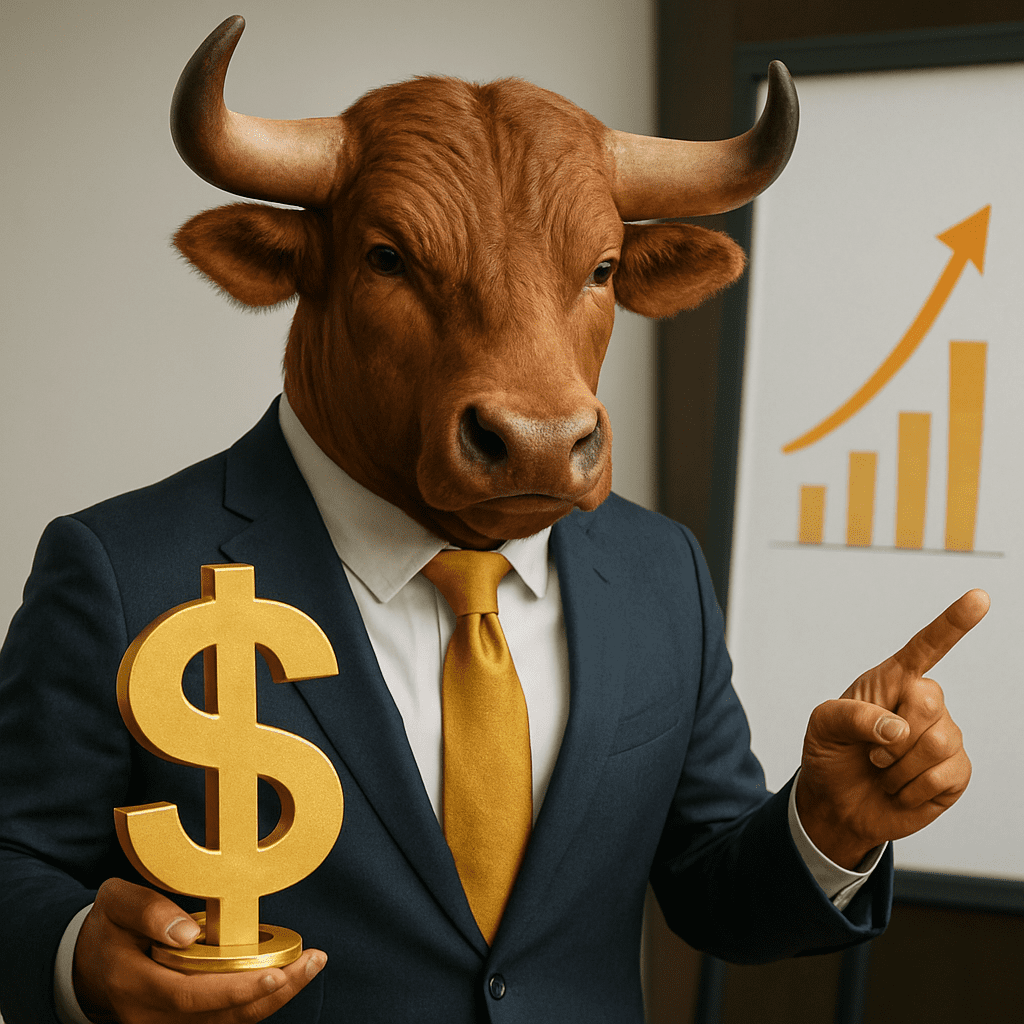 Mascote do touro representando o sucesso financeiro alcançado com paciência e consistência
