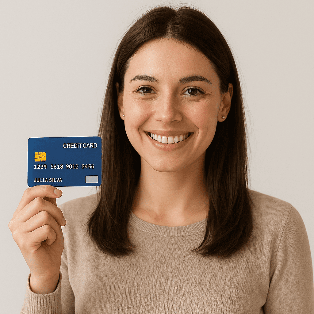 Pessoa sorrindo mostrando cartão de crédito, aumento de score rapidamente