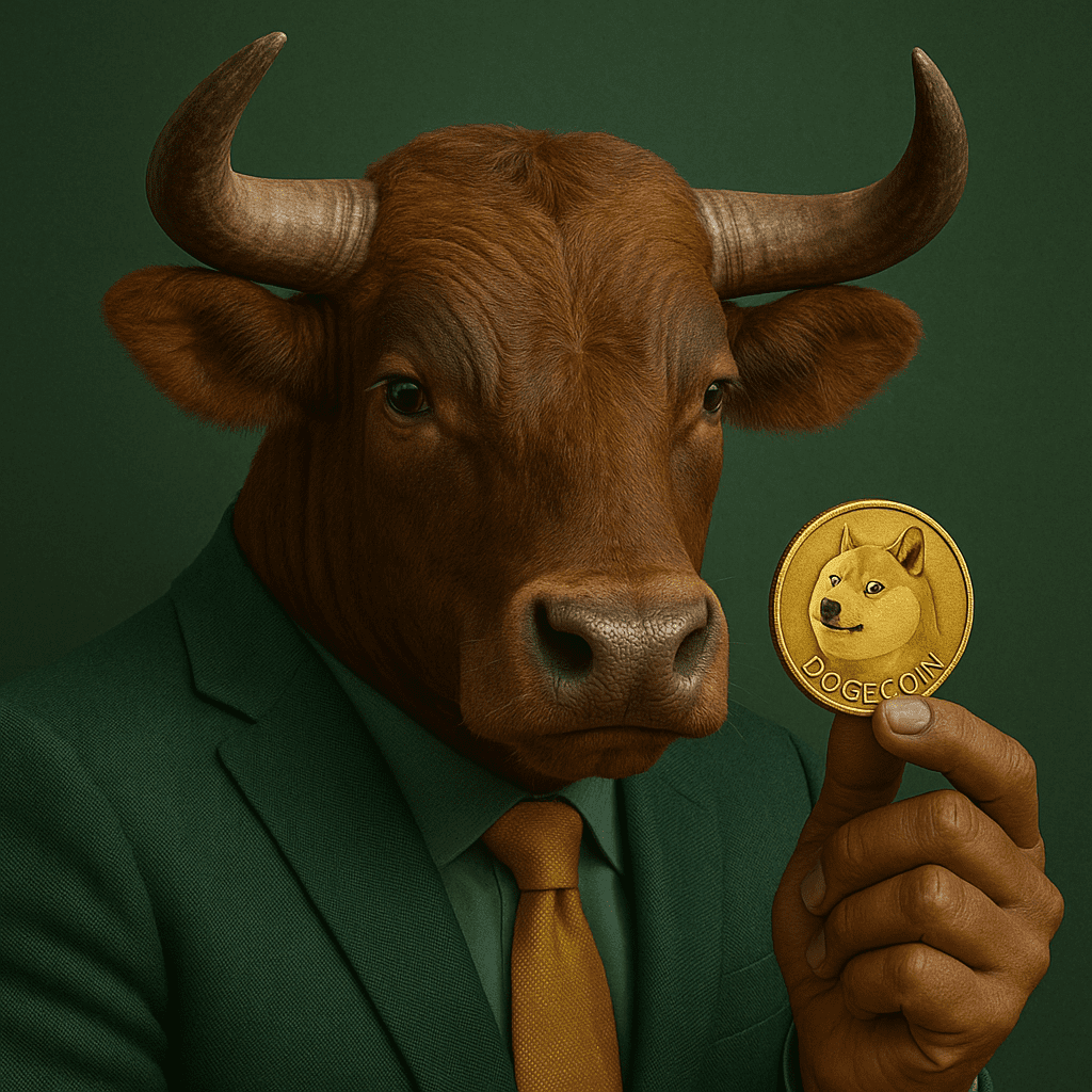Touro antropomórfico em terno verde e gravata dourada segurando uma moeda Dogecoin entre os dedos indicador e polegar, em estilo realista
