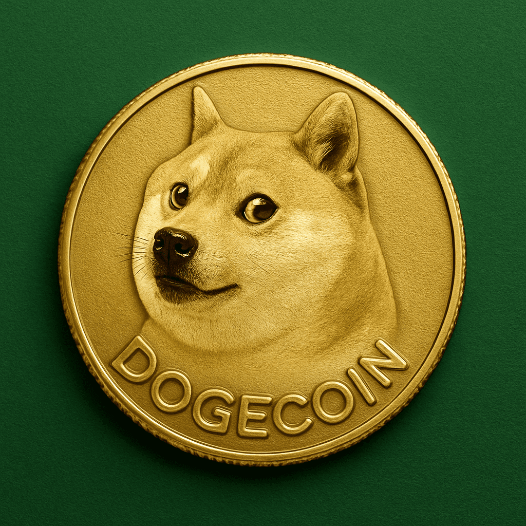 Dogecoin em estilo cartoon dourado com fundo verde dinheiro