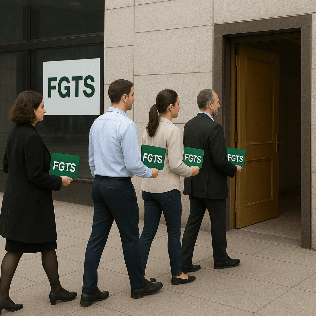 Fila de trabalhadores com cartão FGTS aguardando para saque em 2025
