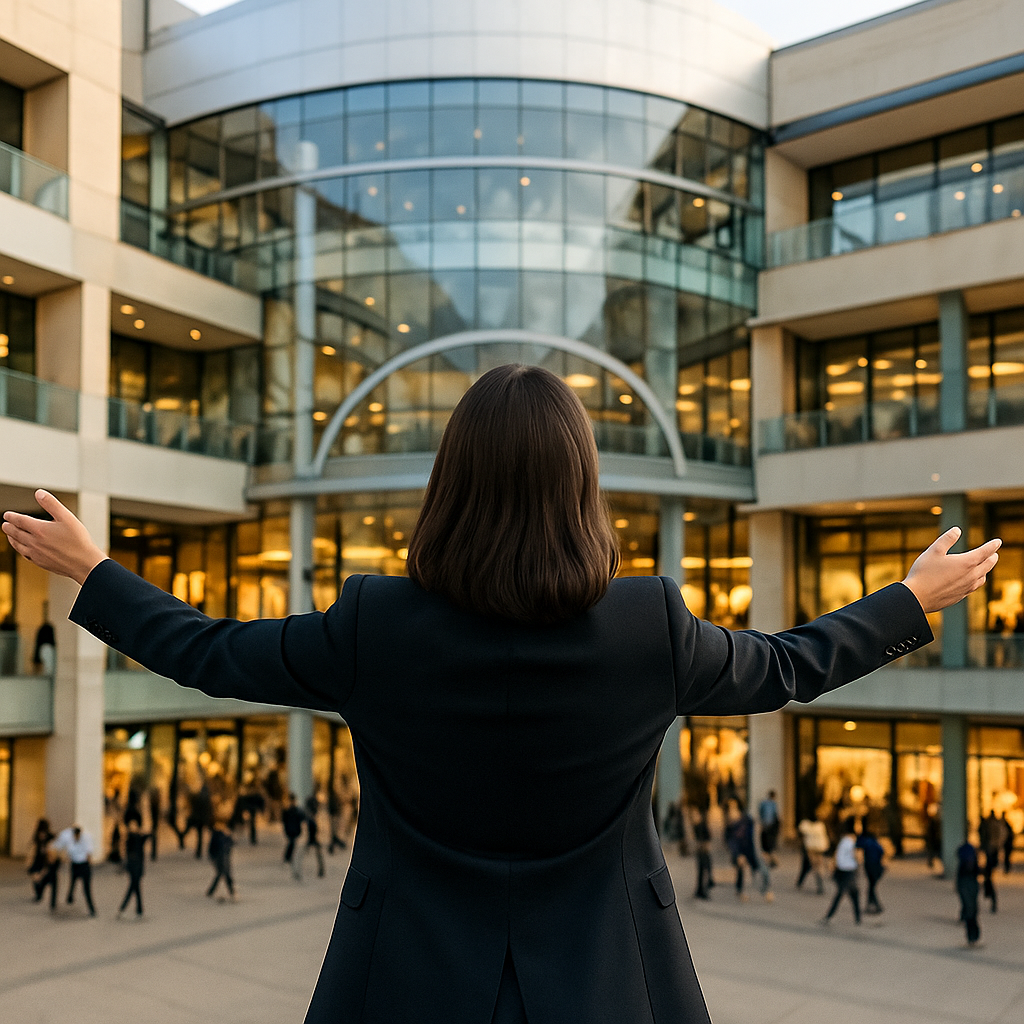 Executiva confiante em frente a prédio corporativo, representando investimentos em Fundos Imobiliários