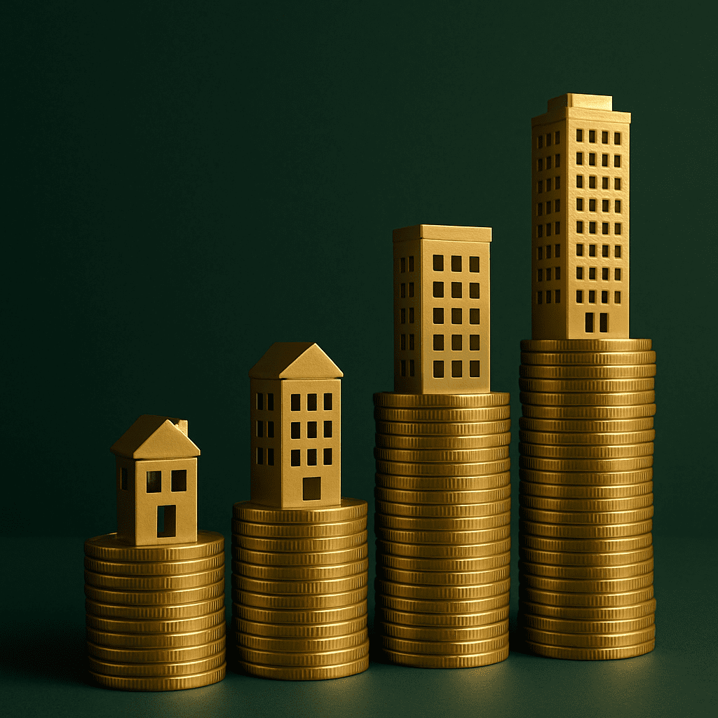 Quatro pilhas de moedas douradas em alturas crescentes, cada uma sustentando uma miniatura de prédio, simbolizando crescimento patrimonial com fundos imobiliários.