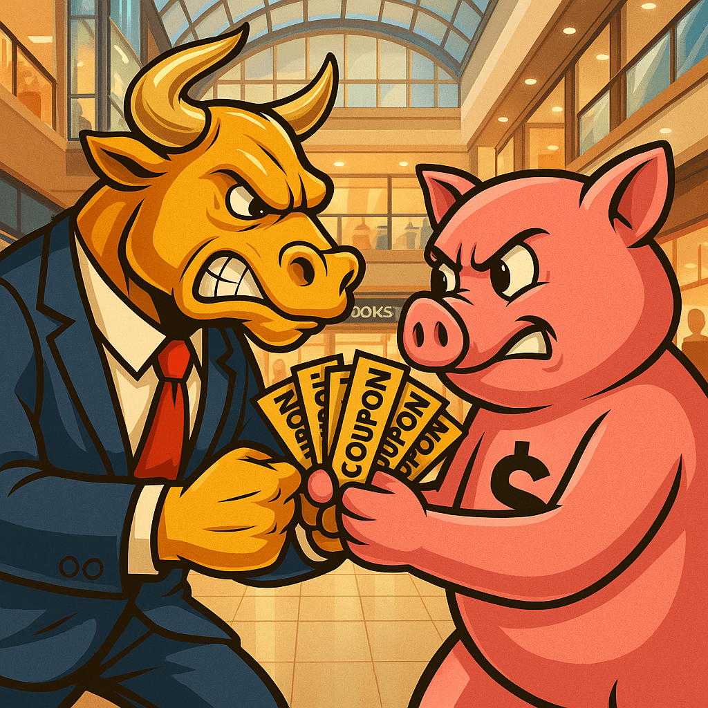 Cartoon divertido do touro dourado e do porco cofrinho brigando por cupons dentro de um shopping movimentado.