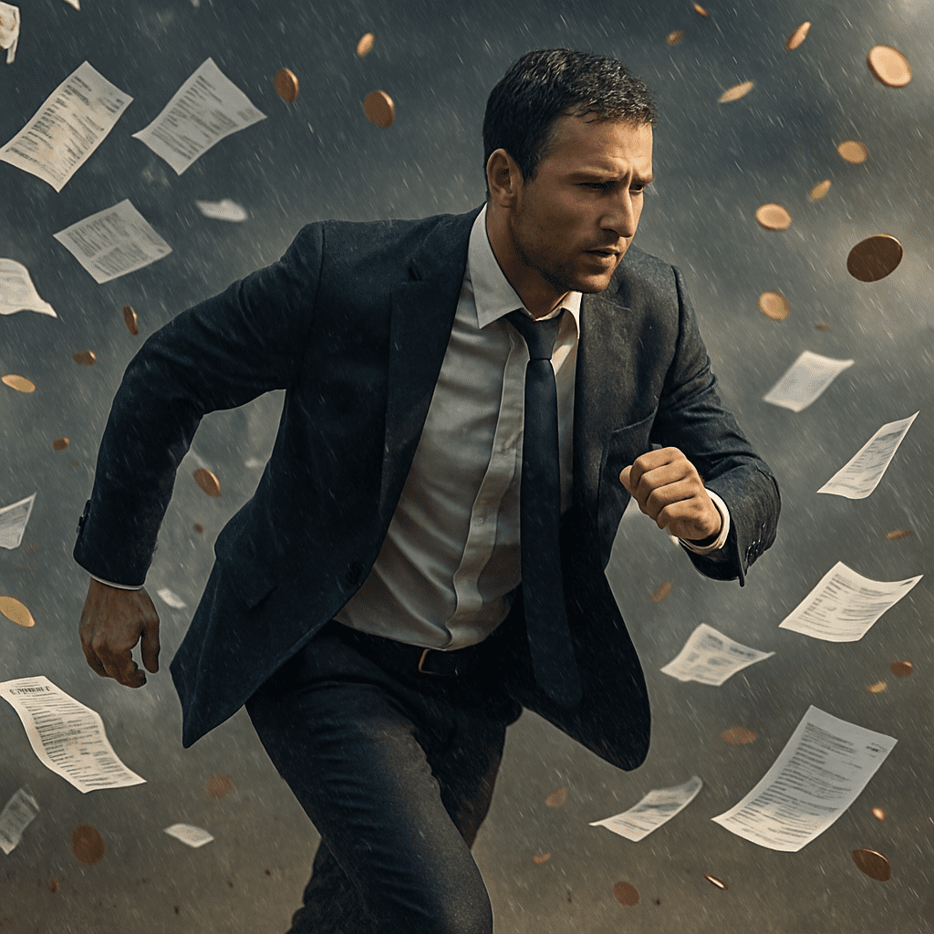 Homem de negócios correndo sob tempestade de dívidas e moedas douradas, simbolizando a luta entre quitar contas e investir dinheiro.