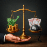 Balança com moedas de um lado e boletos do outro representando a decisão entre investir ou quitar dívidas.