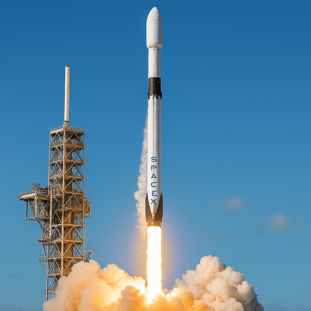 Foguete Falcon 9 da SpaceX lançando satélites Starlink ao espaço em 2024