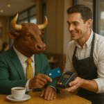 Touro engravatado com chifres dourados paga conta em café usando cartão de crédito por aproximação em maquininha com garçom sorridente.