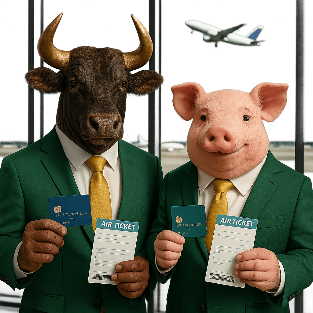 Touro engravatado e porco cofrinho no aeroporto com cartões de crédito e passagens, simbolizando viagens com milhas.