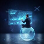 Investidor analisando carteira global de ETFs com mapa digital e gráficos internacionais