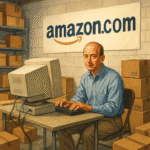 Jeff Bezos jovem trabalhando em sua garagem, no início da Amazon, cercado por caixas e um computador antigo.