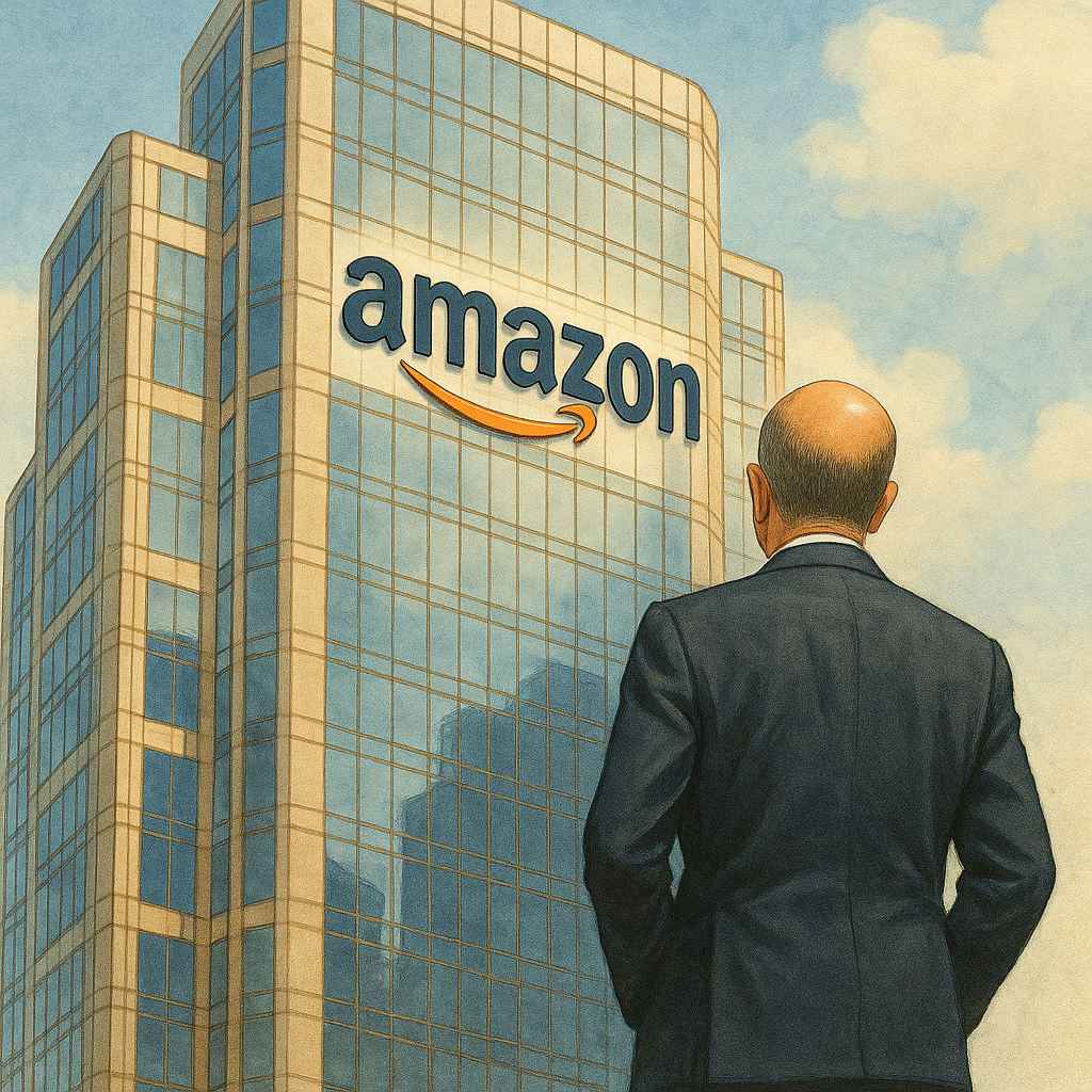 Jeff Bezos de terno observando a sede moderna da Amazon, símbolo de crescimento e sucesso empresarial.