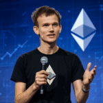 Vitalik Buterin jovem falando em palestra sobre Ethereum, segurando microfone diante do símbolo da criptomoeda.